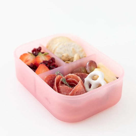 Bumkins Snack/Lunch Bento Box for Kids and Adults, 3 Compartment Container, Leak Proof Lid, for Portioning, Large Section Can Hold Sandwich, Food-Safe LFGB Platinum Silicone, Microwave-Safe, Pink