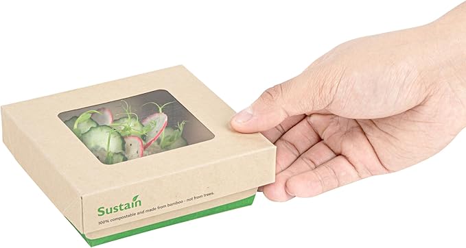 Restaurantware 13 Ounce Bamboo Paper Take Out Boxes, 50 Compostable Containers with Greaseproof Lining and Clear Window Lids