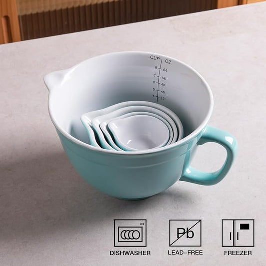 Sweejar Porcelain Mixing Bowl with Scale, Ceramic Serving Container for Kitchen, Nesting Bowl with Handle, Using for Baking, Prepping, Cooking, Set of 5 (Turquoise)