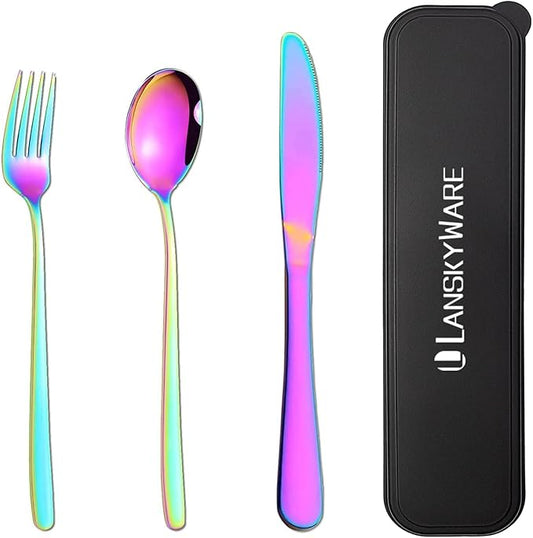 Portable Utensils Set with Case,Reusable Office Flatware Set,Healthy Travel Cutlery Set 3 PCs Stainless Steel Fork, Spoon,Knife Cutlery Ideal for Travel, Lunch Box and Camping (Rainbow)