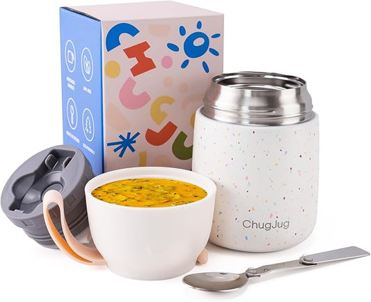 Thermo for Hot Food for Adults Kids | Wide Mouth, 18 oz Insulated Food Jar with Spoon, Leakproof Soup Thermo for School Office Travel, Thermal Steel Lunch Container Easy to Carry (White)