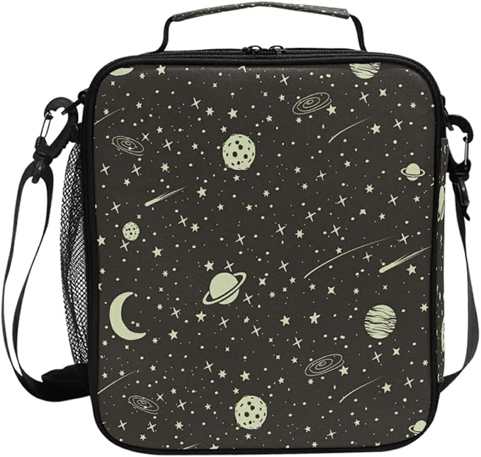 Pfrewn Galaxy Outer Space Lunch Box for School Kids Vintage Space Stars Planets Moon Meteorites Insulated Lunch Bag Reusable Cooler Meal Prep Bags Lunch Tote with Shoulder Strap for Office Adult