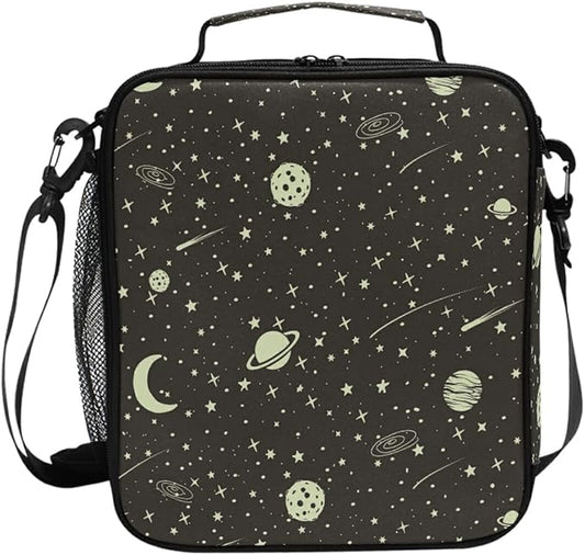 Pfrewn Galaxy Outer Space Lunch Box for School Kids Vintage Space Stars Planets Moon Meteorites Insulated Lunch Bag Reusable Cooler Meal Prep Bags Lunch Tote with Shoulder Strap for Office Adult