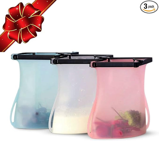 Reusable Food Storage Leakproof Silicone Snap Bags Stand-Up Silicone Food Bag 6 Cups (50 Oz) Microwavable Freezer and Dishwasher Safe Odorless Easy Clean and Dry Ziplock Alternatives (Random Color)