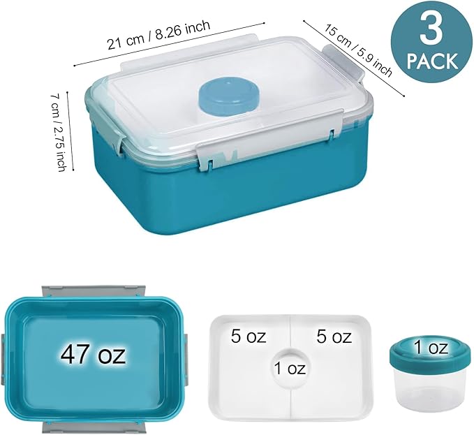 3 Pack Salad Lunch Box Food Storage Containers, 47oz Bento Box To Go Container with Lids, Meal Prep Containers with Removable Tray & Dressing Pots for Kids and Adults, Reusable and Microwave Safe