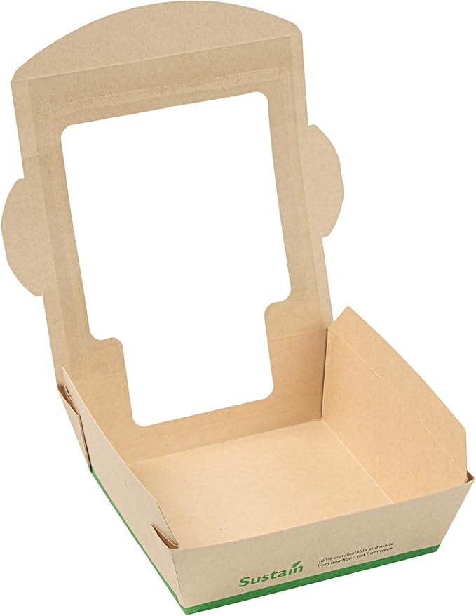 Restaurantware-Sustain 26 Ounce Sturdy Paper Take Out Boxes, 50 Disposable Take Out Food Containers - With PLA lining, Clear PLA Window, Bamboo Paper Containers, Compostable, Tab-Lock Design