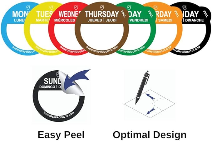 Removable Day Label - 1 inch - Peel Tab - Week (Mon-Sun) (7000 Stickers) - Food and Restaurant Day Dots - FIFO - Inventory Management Labels - Meal Prep Stickers - Gift Tags