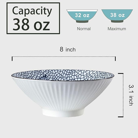 38 oz Japanese Ramen Bowl Set of 4 - Large 8 Inch Ceramic Soup Bowls, Blue and White Japanese Noodle Bowls for Pho, Ramen, and Cereal - Leaf Patterns