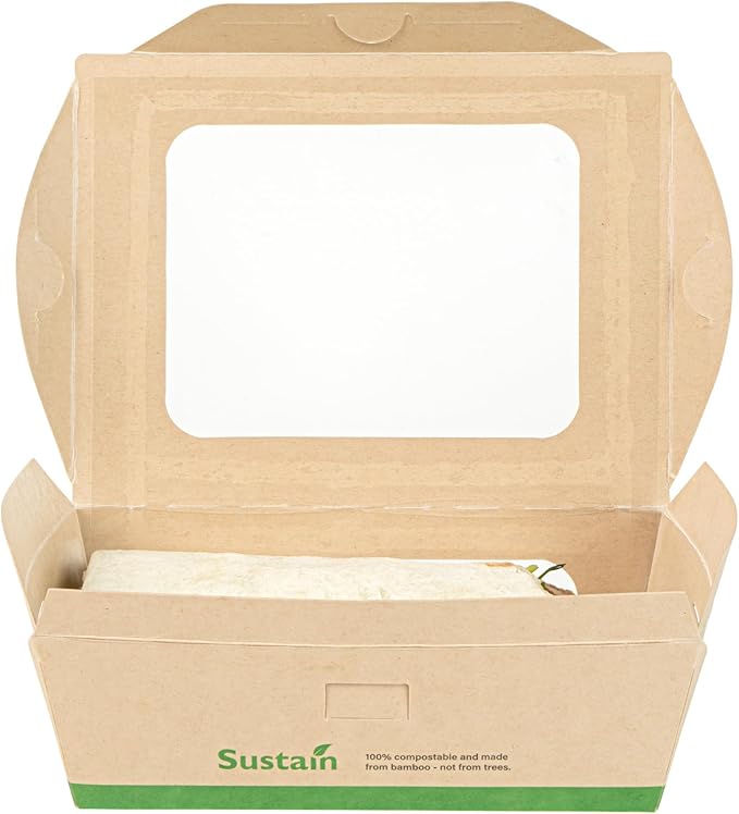 Restaurantware-Sustain 28 Ounce Sturdy Paper Take Out Boxes, 50 Disposable Take Out Food Containers - With PLA lining, Two Clear PLA Windows, Bamboo Paper Containers, Compostable, Tab-Lock Design
