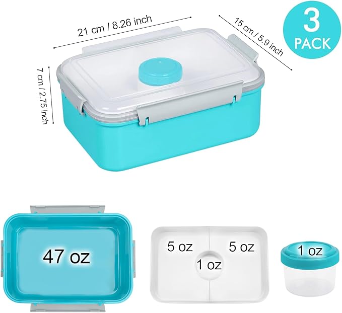 Shopwithgreen 47-oz Bento Box with Removable Tray & Dressing Pots, Food Prep Storage Containers with Lids, Coastal Aqua