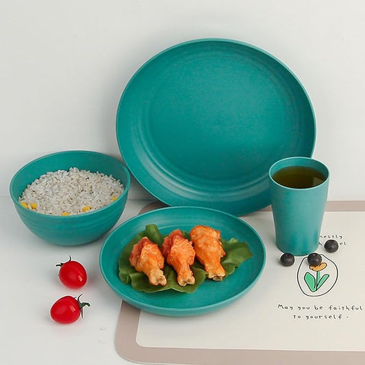 4pcs Unbreakable Wheat Straw Dinnerware Sets with Cutlery Set, Reusable Lightweight Green Microwave Dishwasher Safe Tableware for Travel，Camping，Kitchen,RV,Apartment,Dorm,Party