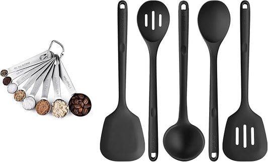 18/8 Stainless Steel Measuring Spoons Set for Dry and Liquid Ingredients (Set of 8), and 600℉ Heat Proof BPA-Free Solid/Slotted Sturdy Cooking Utensil Set of 5 for Non Stick Cookware, Black