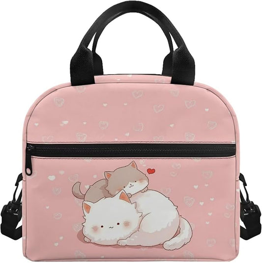 Showudesigns Cute Cat Lunch Bag for Girls 6-8 8-10 Pink Lunch Box Portable Insulated Lunch Bags Thermal Meal Tote Kit with Zipper Pockets Kids Tote Bags Back To School Crossbody