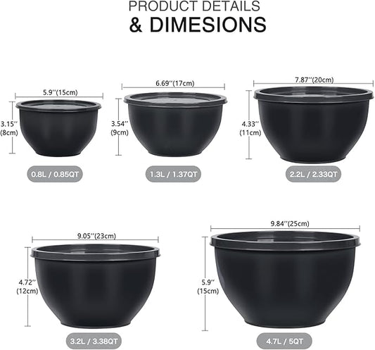 5-Piece Plastic Mixing Bowls with Lids Set for Kitchen, Nesting Bowls for Mixing, Baking, Prepping, Cooking and Serving Food, Grey Mixing Bowls Dishwasher, Microwave Safe