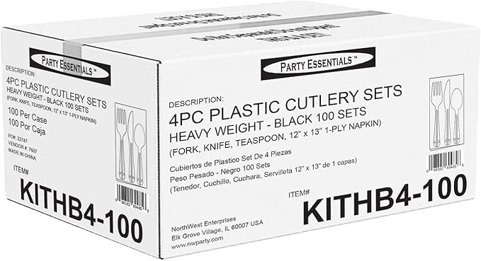 Party Essentials Individually Wrapped Black Plastic Cutlery Packets/Heavy Duty Silverware Kits, Fork/Spoon/Knife/Napkin, 100 Sets