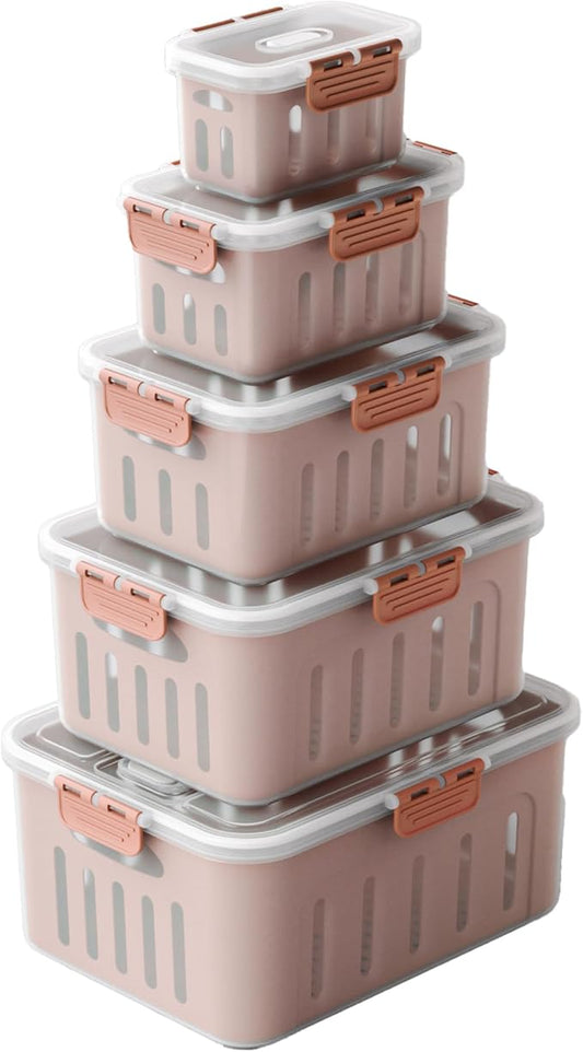 5PC-SET XX-Large Size Food Storage Container Set - Microwave & Dishwasher Safe, Airtight, Fruit and Vegetable box, BPA-Free, Double Drain Basket, Kitchen Fridge Stackable Storage for Freshness