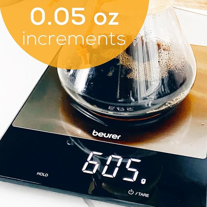Beurer KS34 Digital Kitchen Scale - Precise Scale for Food Ounces and Grams, 33lbs Capacity, XL Weighing Platform for Meal Prep, Magic Display, Tare Function - Batteries Included - Black Glass