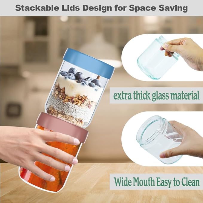 6 Pack 10 Oz Glass Jars with Lids, Overnight Oats Containers with Lids, Wide Mouth Mason Jar Airtight Glass Food Storage Containers for Snacks Salad Fruit Yogurt Cereal Meal Prep Leak Proof