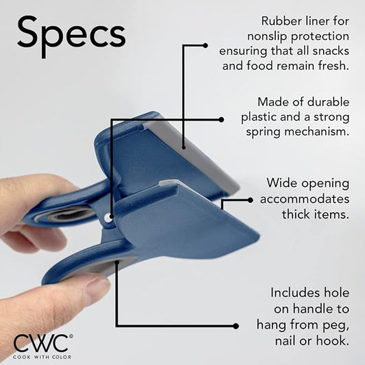COOK WITH COLOR Bag Clips - Heavy Duty Chip Clip and Refrigerator Magnet Clips for Food Storage with Air Tight Seal Grip, Blue Ombre, Pack of 4 Large Clips