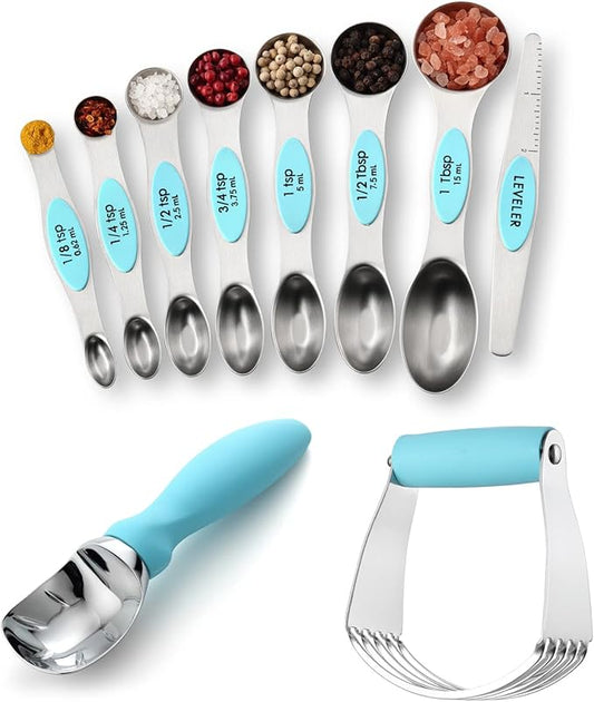 Spring Chef Dessert Bundle - Ice Cream Scoop, Medium Dough Blender, Magnetic Measuring Spoon Set - Aqua Sky