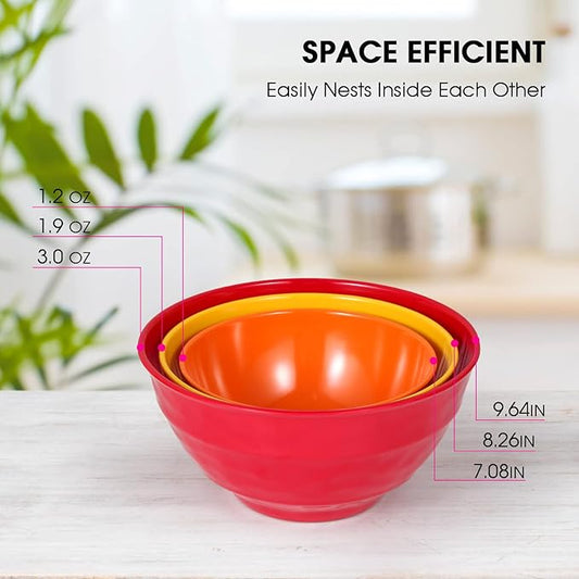 Mixing bowl set with lids, 6 piece melamine nesting bowl set for pasta baking salad mixing, set of 3, three colours,