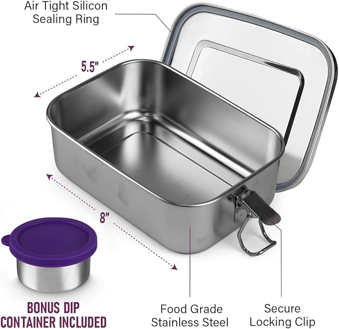 Stainless Steel Lunch Box with Safe Closure Lid for Meal Planning and Portion Control - Bento Box Stainless Steel - BPA-Free, Leakproof & Dishwasher Safe Metal Bento Box Container for On-the-Go