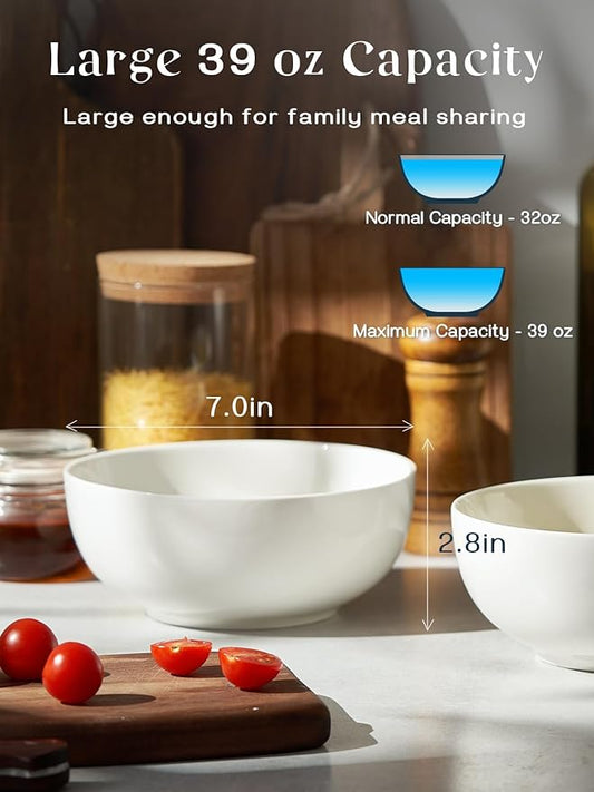 DOWAN 39 OZ Large Deep Bowls Set of 4 - White Ceramic Bowls for Ramen, Pasta, Salad, Mixed Fruit - Dishwasher & Microwave Safe