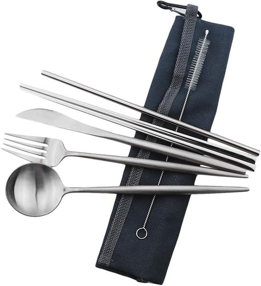 Reusable Travel Utensils, 7 Pieces Portable 18/10 Stainless Steel include Knife Fork Spoon Chopsticks Cleaning Brush Straws Portable Pouch, Eco-friendly Camping Silverware Set, Dishwasher Safe