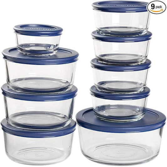 Anchor Hocking 18 Piece Glass Storage Containers with Lids (9 Glass Food Storage Containers & 9 Navy Blue SnugFit Lids)