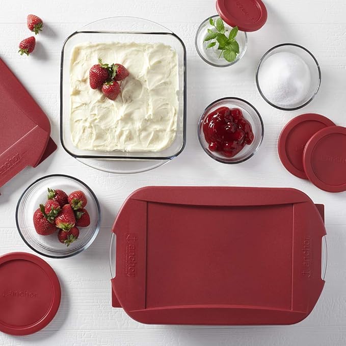 Anchor Hocking 12 Piece Glass Food Storage and Embrace Baking Dish Set with Cherry BPA-Free SnugFit Lids, Microwave, Oven, Freezer, and Dishwasher Safe