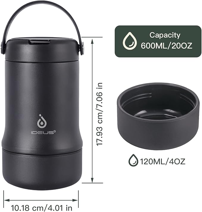 Ideus 20 oz Insulated Soup Thermo with Foldable Spolk and Bowl, All-in-one Stainless Steel Vacuum Thermal Food Jar for Lunch, Leakproof Bento Lunchbox Portable Soup Container, Black