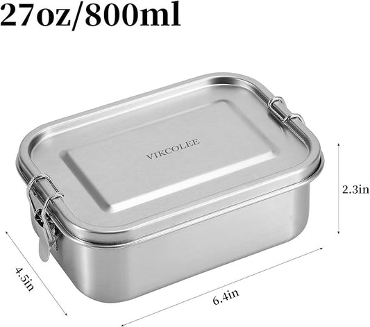 Stainless Steel Bento Box, Metal Lunch Food Container, 800ML Bento Lunch Box for Kids or Adults with Lockable Clips to Leak Proof - BPA-Free - Dishwasher Safe