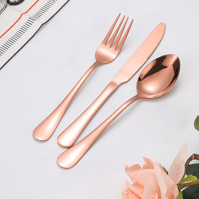 Portable Travel Utensils Set with Case,Reusable Office Flatware Set,Healthy Travel Cutlery Set 3 PCs Stainless Steel Fork, Spoon,Knife Cutlery Ideal for Travel, Lunch Box and Camping (Rose Gold-3PCs)