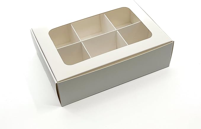 Treat boxes with window and dividers | 6 SMALL compartments | 6.5 x 4.5 x 1.9 in | Chocolate covered strawberries supplies, macaron boxes, baked goods packaging | 20-pack (White)