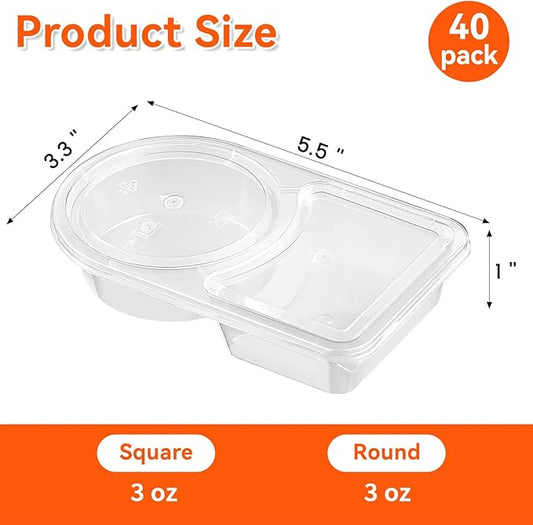 Qeirudu 40 Sets 6 oz Reusable Plastic Snack Containers, Double Compartment Condiment Containers with Lids for Meal Prep, Dipping Sauce, Portion Control, Travel Snack