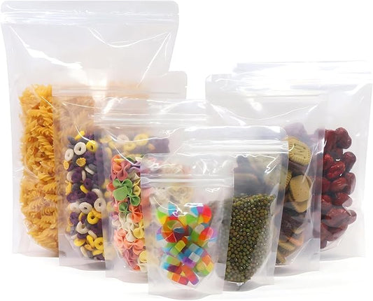 SumDirect 100pcs 9.4x6.3 Inches/24x16cm Clear Stand Up Food Bags, Zipper Stand-up Reusable Sealing Food Pouches Snack Packing Bag with Tear Notch Heat Resealable for Storing, Cookie, Tea and Drink