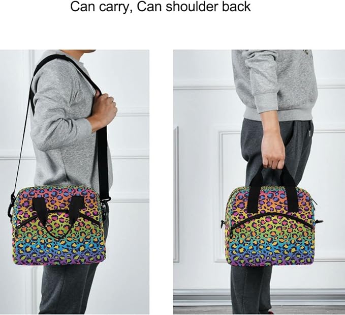 MNSRUU Insulated Lunch Bag - Rainbow Gradient Leopard Lunch Box with Adjustable Shoulder Strap - Reusable, Leakproof Cooler Bag for Work, School