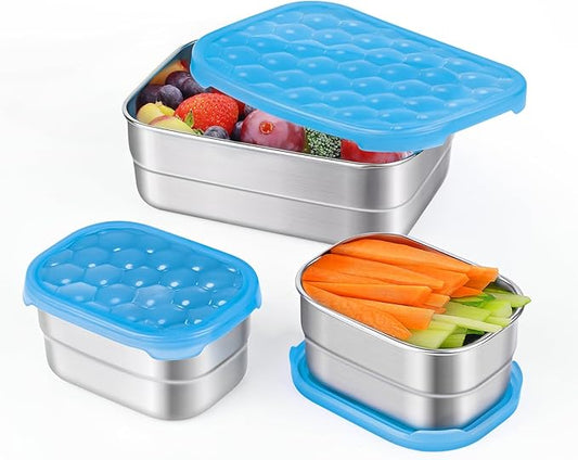 Small Stainless Steel Lunch Containers for Kids | Leak Proof Snack Containers with 100% Pure Silicone Lids - Perfect Metal Lunch Box with Lids for School and Daycare (25oz+8oz*2)