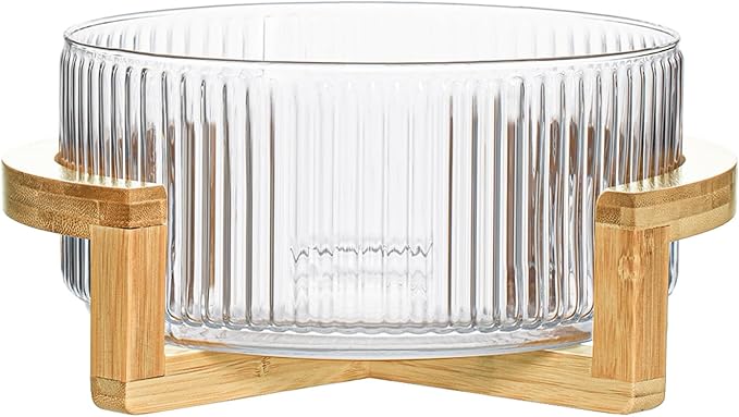 Ribbed Glass Salad Bowl with Wooden Stand – Large Mixing Bowl for Serving Salad, Fruits, Pasta & Desserts – Elegant Glass Serving Bowl with Natural Bamboo Holder – Modern Kitchen & Dining Tableware