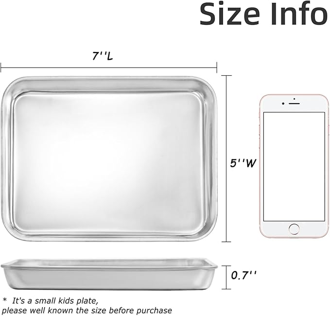 Lyellfe 6 Pack Stainless Steel Plates, Metal Food Tray Plate, 7''L x 5''W Small Baking Sheets for Oven, Food Safe Smooth Polished for Adults, Picky Eaters, Campers, Hand Project
