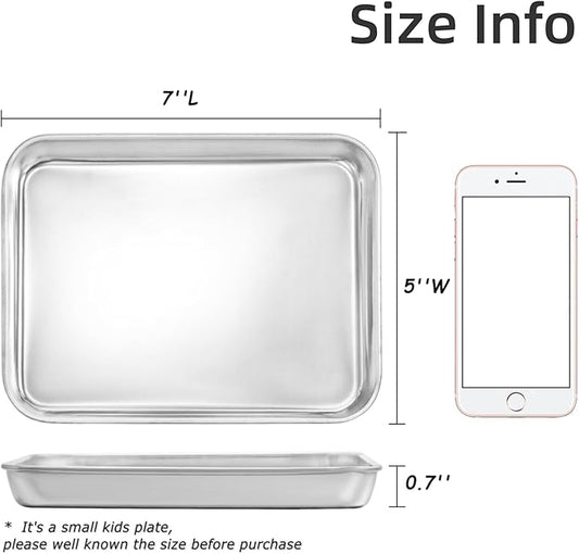 Lyellfe 6 Pack Stainless Steel Plates, Metal Food Tray Plate, 7''L x 5''W Small Baking Sheets for Oven, Food Safe Smooth Polished for Adults, Picky Eaters, Campers, Hand Project