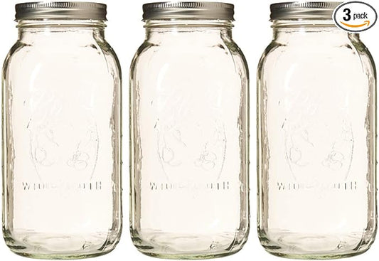 Ball Wide Mouth Glass Mason Jars with Lids and Bands, Used for Canning, Pickling, Juice, Jam, Jelly, Half Gallon Size 64 Ounce (Pack of 3)