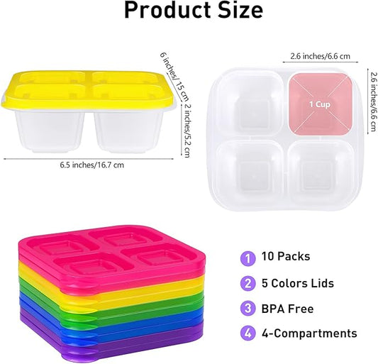 Ruisita 10 Pieces 4-Compartment Snack Bento Box Reusable Lunch Box Divided Food Storage Containers with Lids Portion Control Meal Prep Container for School, Work and Travel, White