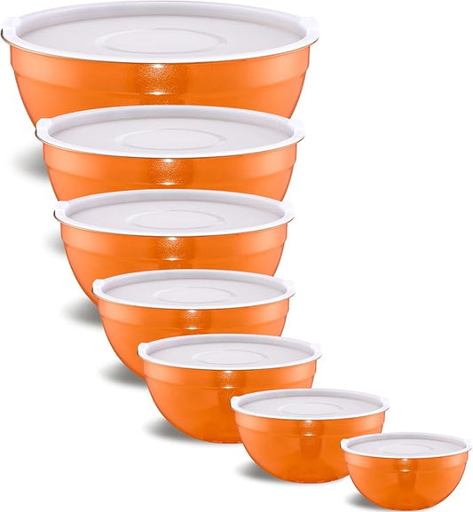 Orange Mixing Bowls With Airtight Lids,Stainless Steel Bowl,Salad Bowls 7 Piece Colorful Nesting Bowl Rainbow Kitchen Accessories,Size 7,3.6,2.7,2.1,1.5,1.1,0.8QT Stackable Design