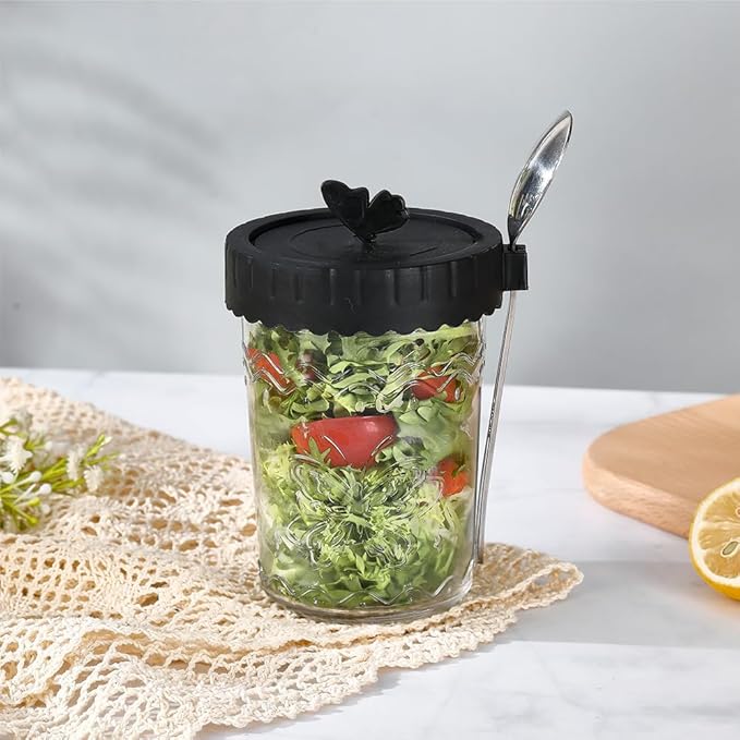 Glass food Jars with Lids and Spoons, 4 Pack Overnight Oat Jars with Airtight Lid, 100% Leak Proof yogurt Containers, Glass jars for BreakfastyogurtCerealSnackSoupParfait - Black