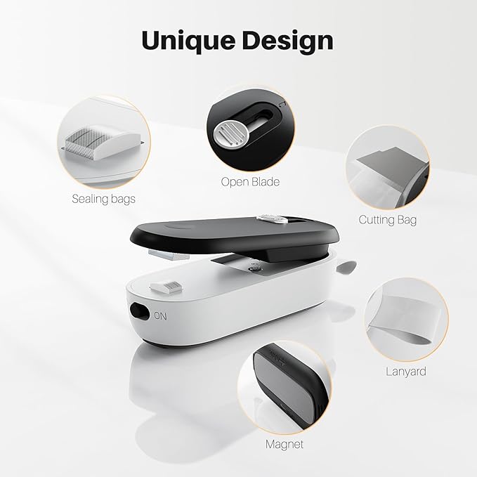 ODSD 2 in 1 Mini Bag Sealer - Heat Seal and Cutter with Lanyard, Portable Handheld Chip Bag Sealer for Snacks, Candies, Food Storage (Batteries Included)