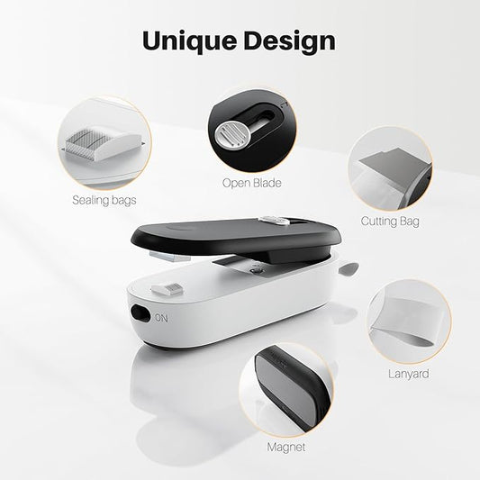 ODSD 2 in 1 Mini Bag Sealer - Heat Seal and Cutter with Lanyard, Portable Handheld Chip Bag Sealer for Snacks, Candies, Food Storage (Batteries Included)