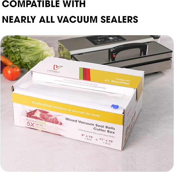 Vacuum Sealer Roll (8” x 75’ and 11” x 75’) Keeper with Cutter - Premium Seal Bags for Food Saver, Ideal for Meal Prep, Sous Vide, and Storage, Vesta Precision
