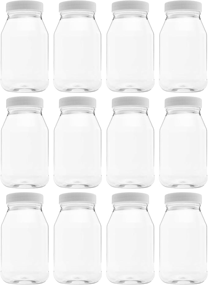 12 Pack of 32 Ounce Plastic Quart Jars with 70RG Leak Proof Seal Lid - Food Grade and BPA Free (32oz, 6pk)