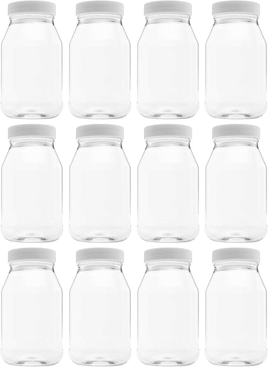 12 Pack of 32 Ounce Plastic Quart Jars with 70RG Leak Proof Seal Lid - Food Grade and BPA Free (32oz, 6pk)
